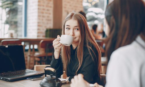 Two beautiful business women sitting in a restaurant and engaged in the business